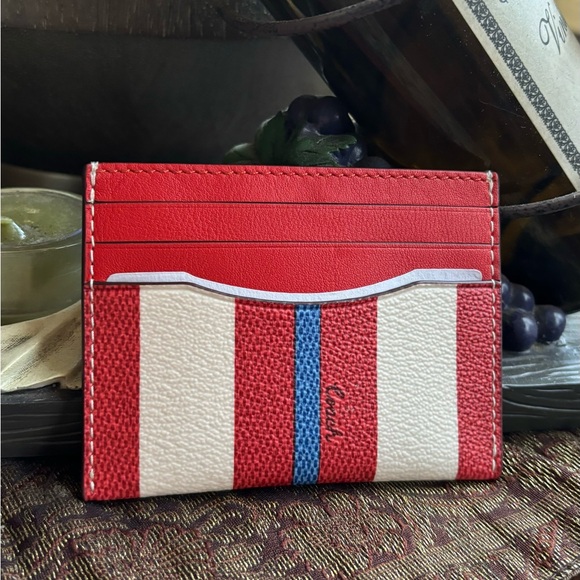 Authentic COACH stripes Coated leather/smooth leather card case/ID - Picture 1 of 6